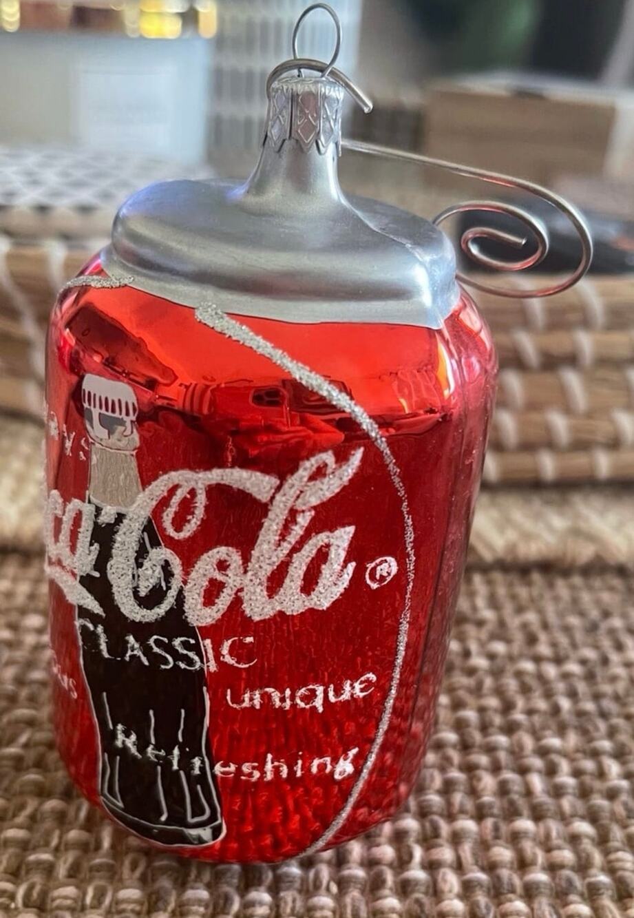 Coca Cola blown glass beverage can Christmas ornament